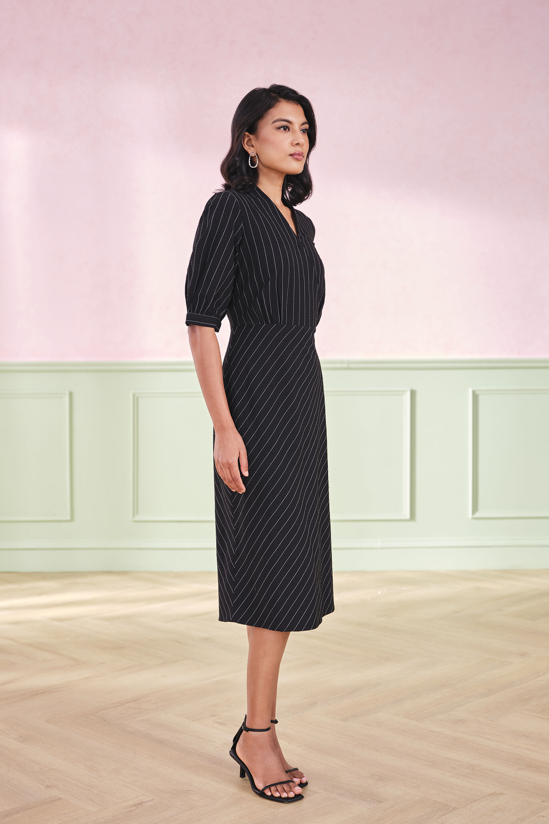 Shadow Striped Terry Blend Midi Dress, Black, image 2